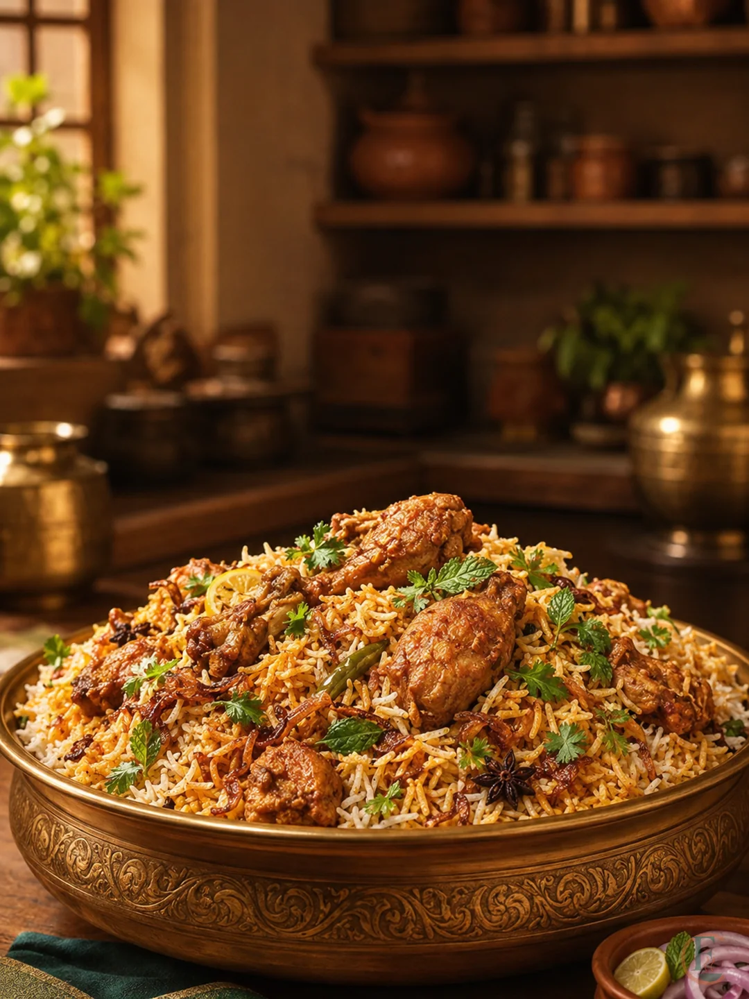 Chicken biryani in a brass bowl in a warm family kitchen